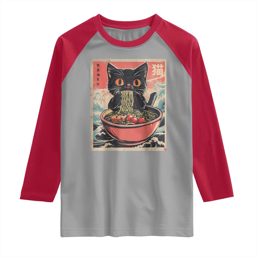 Cat Ramen Japanese Inspo Graphic Raglan Shirt Funny Kawaii Cat Anime Gifts TS02 Sport Gray Red Print Your Wear