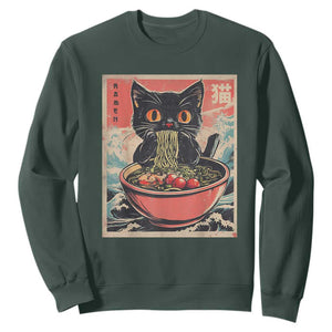 Cat Ramen Japanese Inspo Graphic Sweatshirt Funny Kawaii Cat Anime Gifts TS02 Dark Forest Green Print Your Wear
