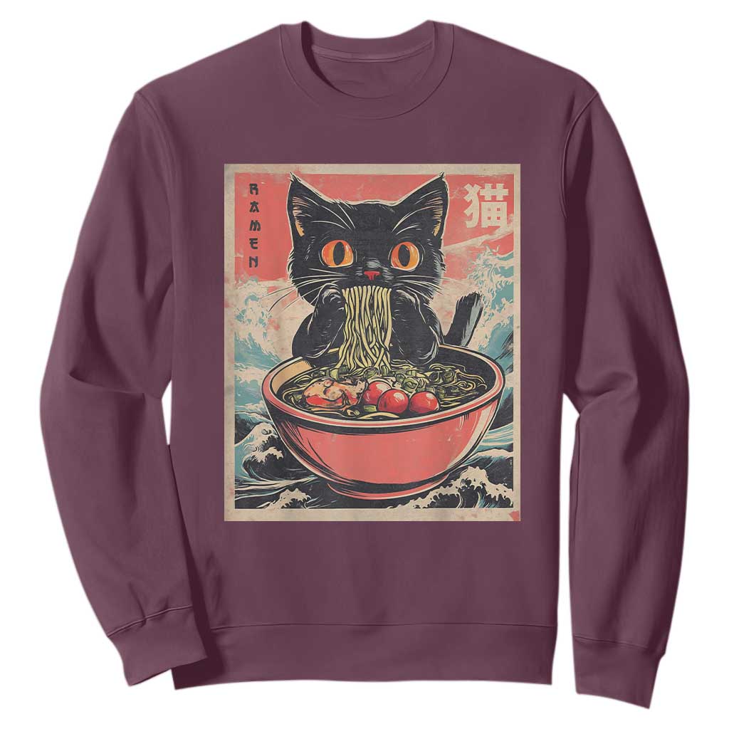 Cat Ramen Japanese Inspo Graphic Sweatshirt Funny Kawaii Cat Anime Gifts TS02 Maroon Print Your Wear