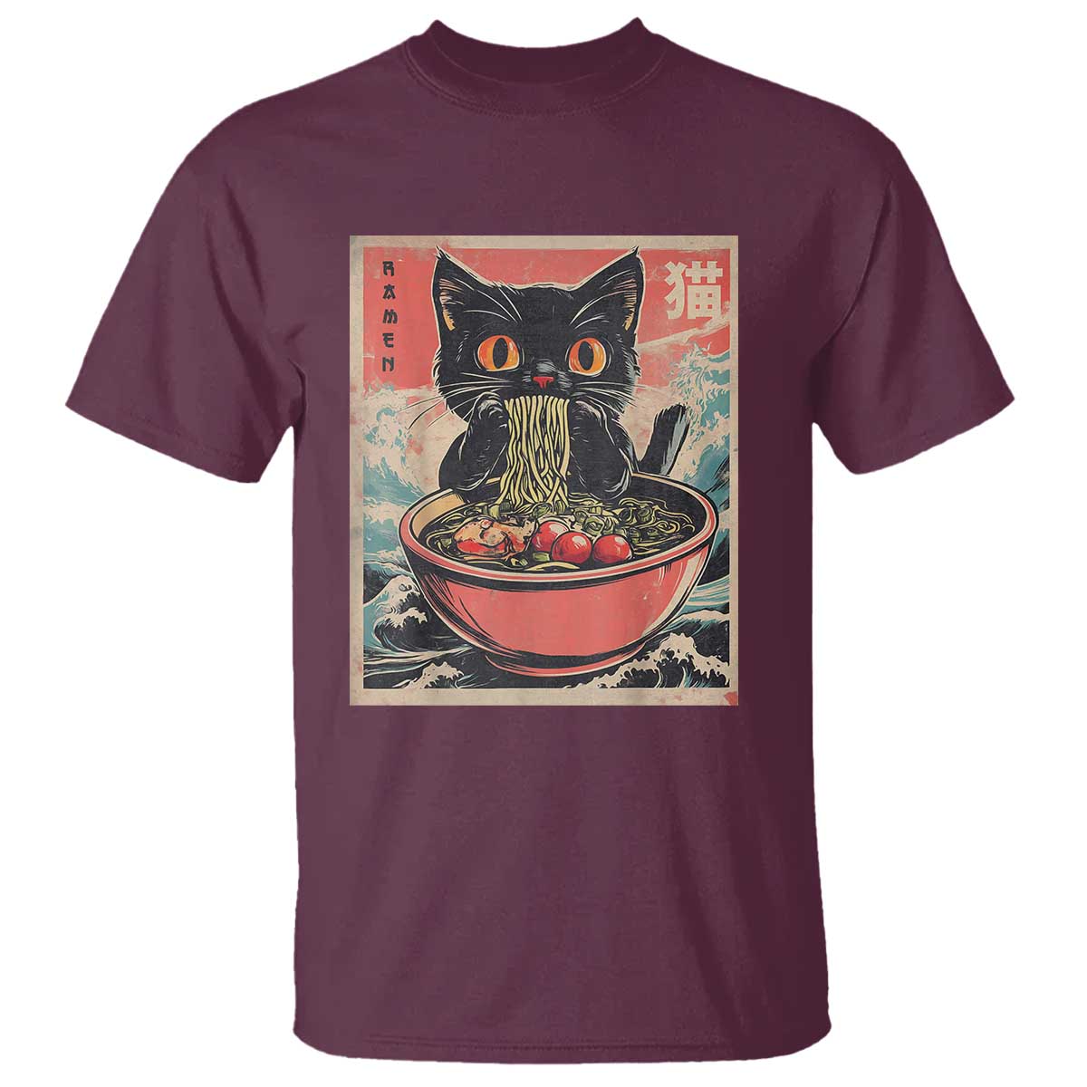 Cat Ramen Japanese Inspo Graphic T Shirt Funny Kawaii Cat Anime Gifts TS02 Maroon Print Your Wear