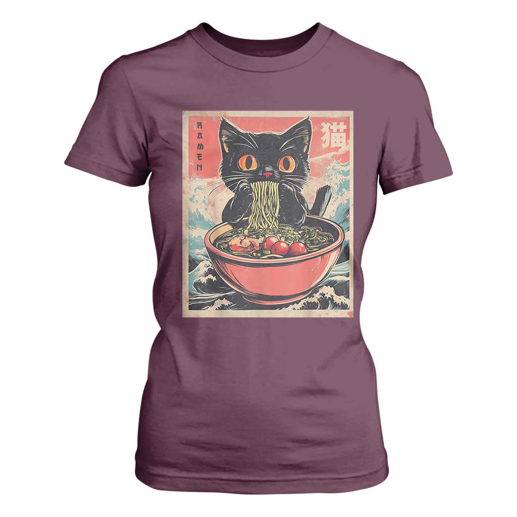 Cat Ramen Japanese Inspo Graphic T Shirt For Women Funny Kawaii Cat Anime Gifts TS02 Maroon Print Your Wear