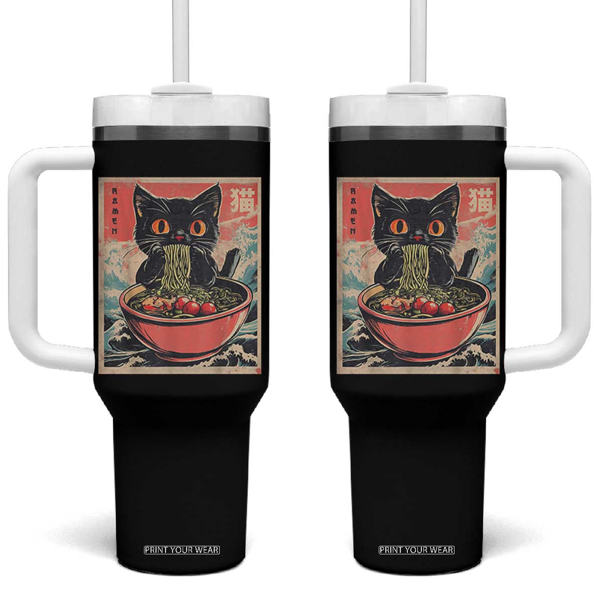 Cat Ramen Japanese Inspo Graphic Tumbler With Handle Funny Kawaii Cat Anime Gifts TS02 One Size: 40 oz Black Print Your Wear