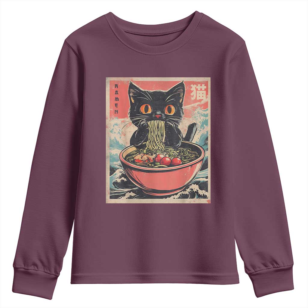 Cat Ramen Japanese Inspo Graphic Youth Sweatshirt Funny Kawaii Cat Anime Gifts TS02 Maroon Print Your Wear