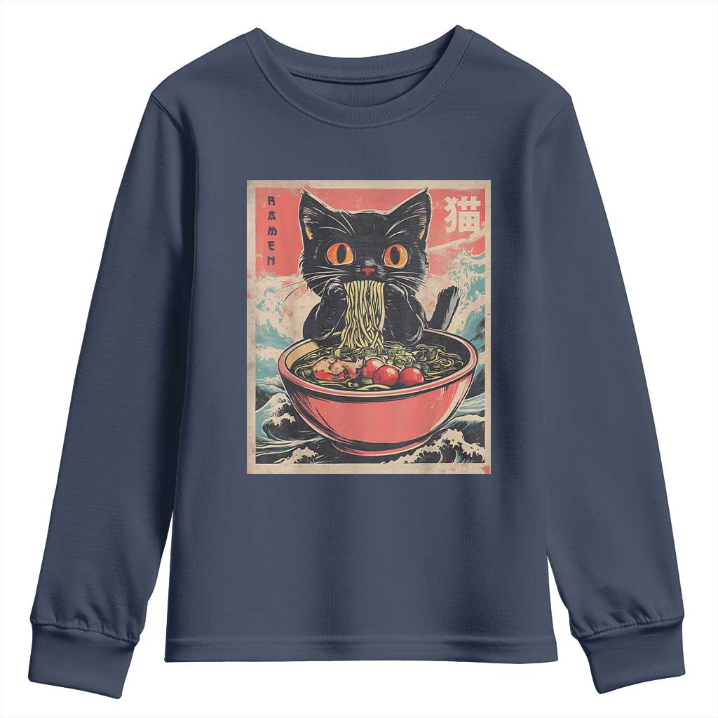Cat Ramen Japanese Inspo Graphic Youth Sweatshirt Funny Kawaii Cat Anime Gifts TS02 Navy Print Your Wear