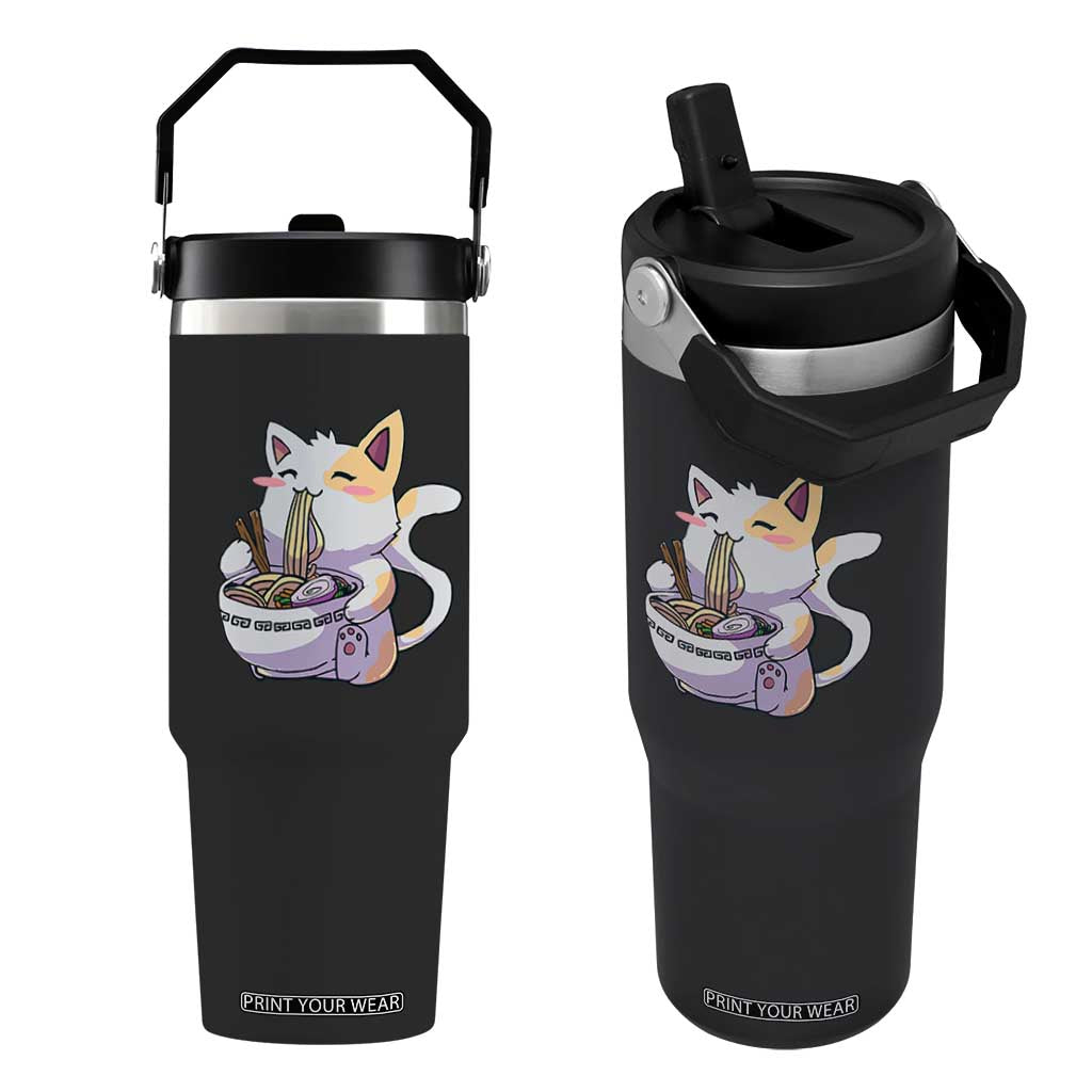 Ramen Cat Kawaii Flip Straw Tumbler Anime Japanese Neko Cute Graphic TS02 One Size: 30 oz Black Print Your Wear