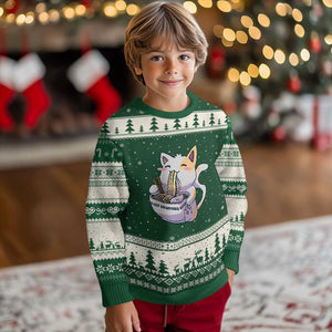Ramen Cat Kawaii Ugly Christmas Sweater Anime Japanese Neko Cute Graphic TS02 Forest Green Beige Print Your Wear