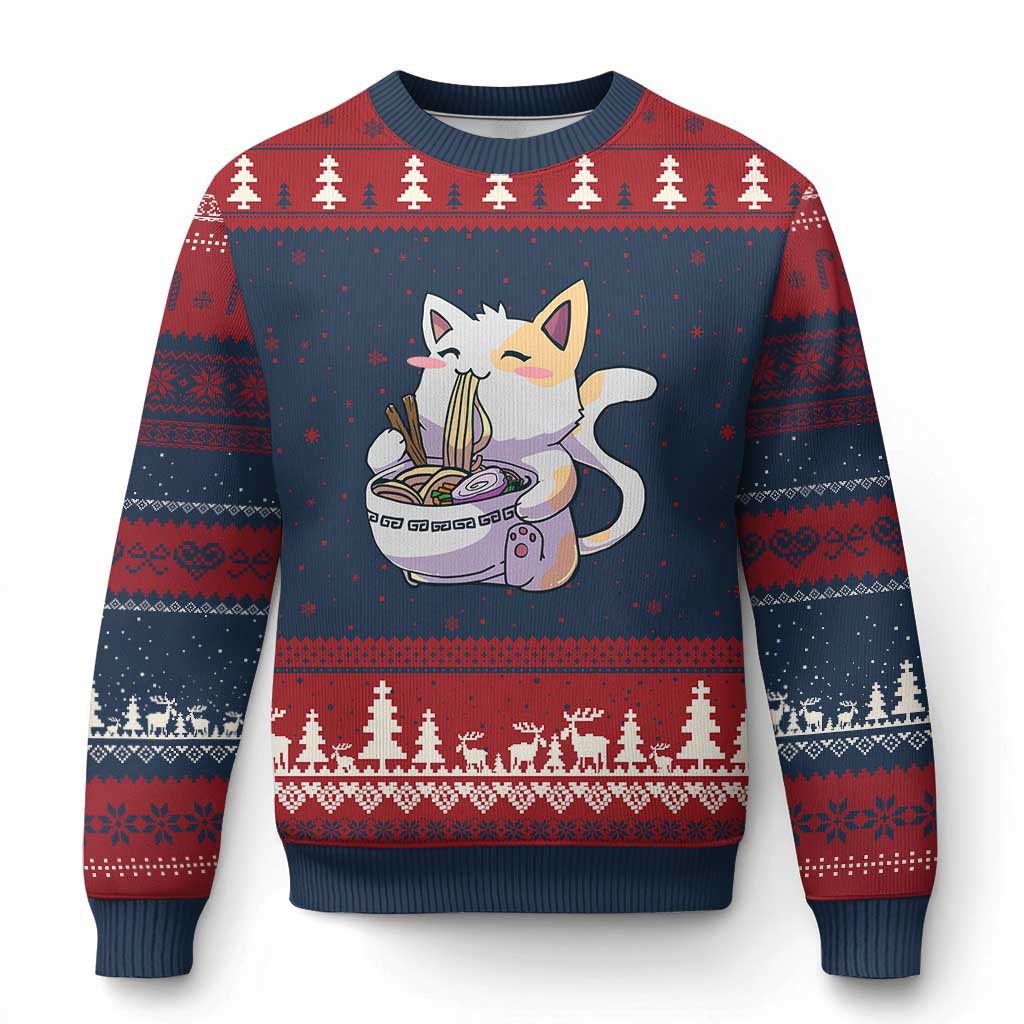 Ramen Cat Kawaii Ugly Christmas Sweater Anime Japanese Neko Cute Graphic TS02 Navy Red Print Your Wear