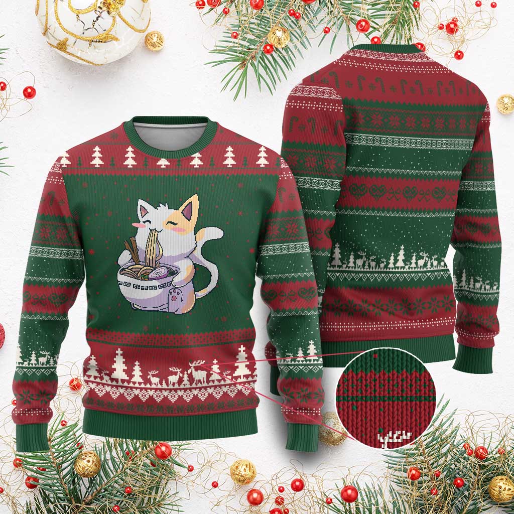 Ramen Cat Kawaii Ugly Christmas Sweater Anime Japanese Neko Cute Graphic TS02 Red Green Print Your Wear