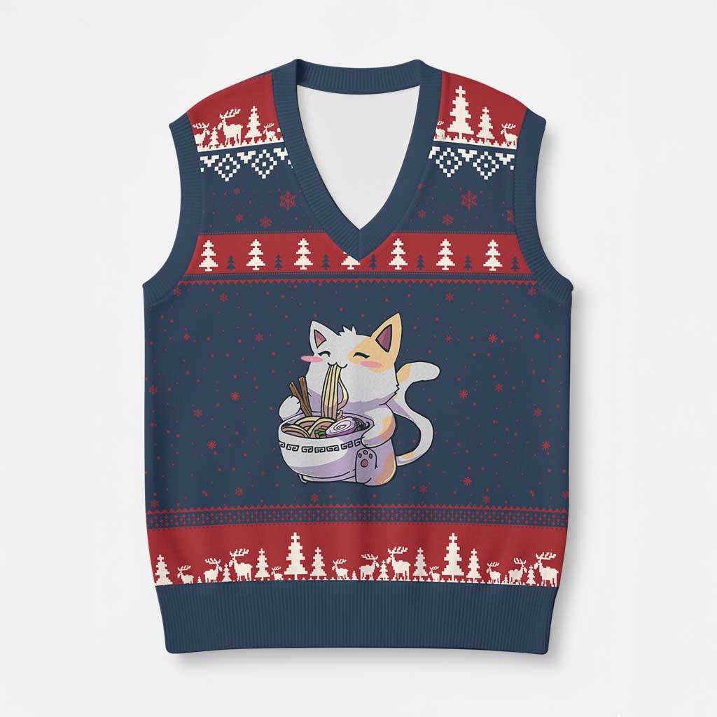 Ramen Cat Kawaii V-Neck Knit Sweater Vest Anime Japanese Neko Cute Graphic TS02 Navy Red Print Your Wear