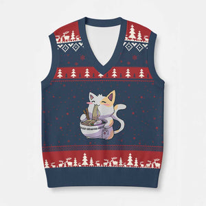 Ramen Cat Kawaii V-Neck Knit Sweater Vest Anime Japanese Neko Cute Graphic TS02 Navy Red Print Your Wear