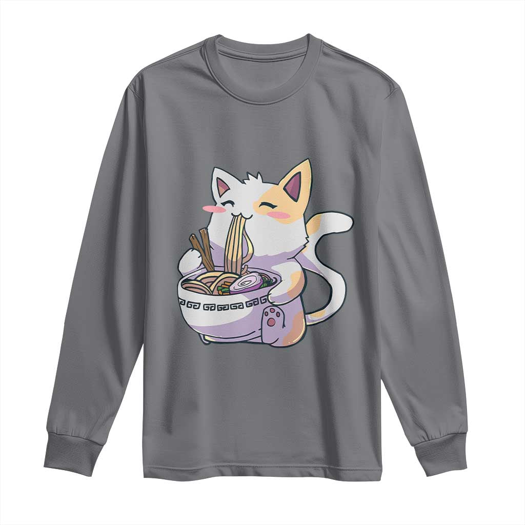 Ramen Cat Kawaii Long Sleeve Shirt Anime Japanese Neko Cute Graphic TS02 Charcoal Print Your Wear