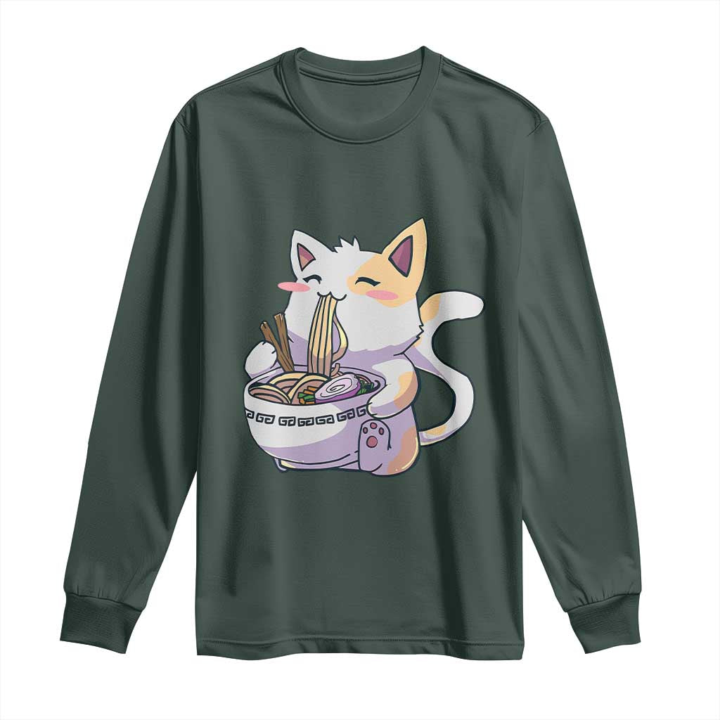 Ramen Cat Kawaii Long Sleeve Shirt Anime Japanese Neko Cute Graphic TS02 Dark Forest Green Print Your Wear