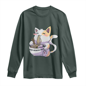 Ramen Cat Kawaii Long Sleeve Shirt Anime Japanese Neko Cute Graphic TS02 Dark Forest Green Print Your Wear