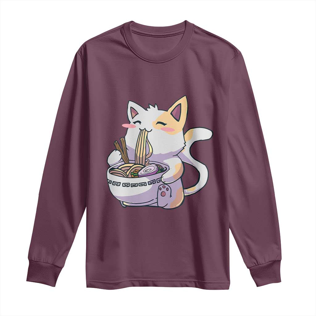 Ramen Cat Kawaii Long Sleeve Shirt Anime Japanese Neko Cute Graphic TS02 Maroon Print Your Wear
