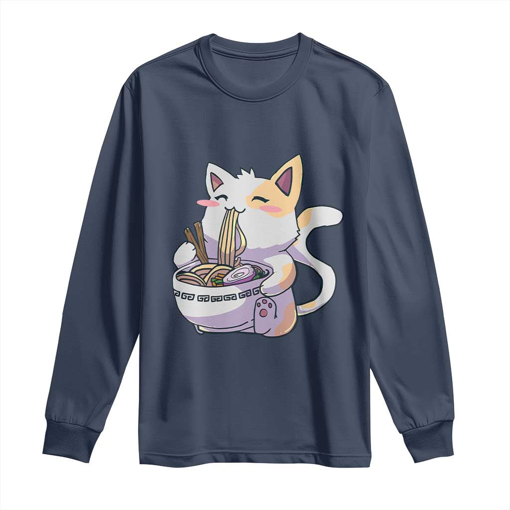 Ramen Cat Kawaii Long Sleeve Shirt Anime Japanese Neko Cute Graphic TS02 Navy Print Your Wear