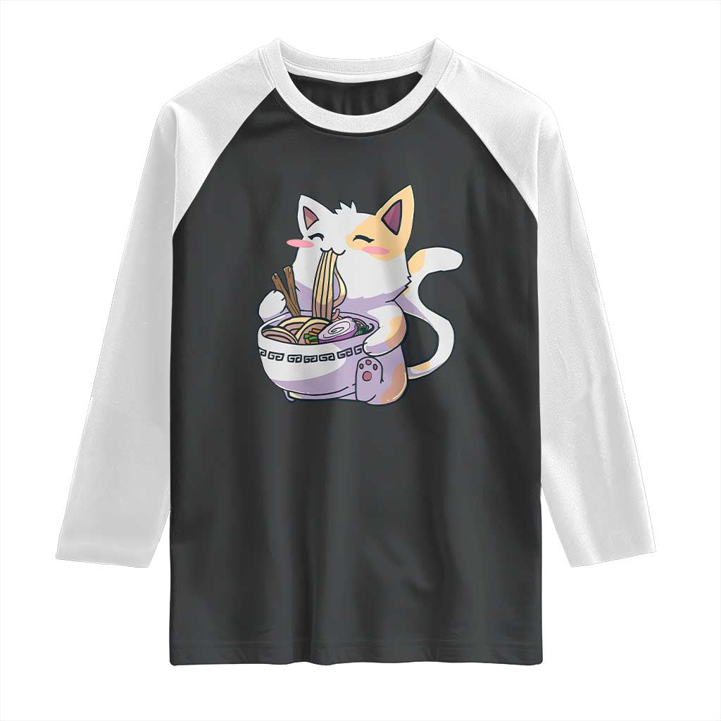 Ramen Cat Kawaii Raglan Shirt Anime Japanese Neko Cute Graphic TS02 Black White Print Your Wear