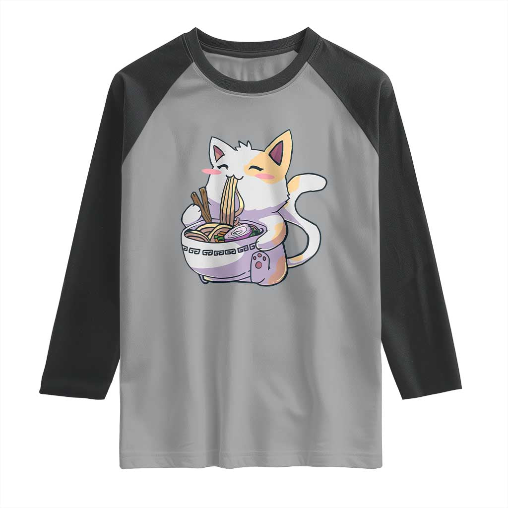 Ramen Cat Kawaii Raglan Shirt Anime Japanese Neko Cute Graphic TS02 Sport Gray Black Print Your Wear