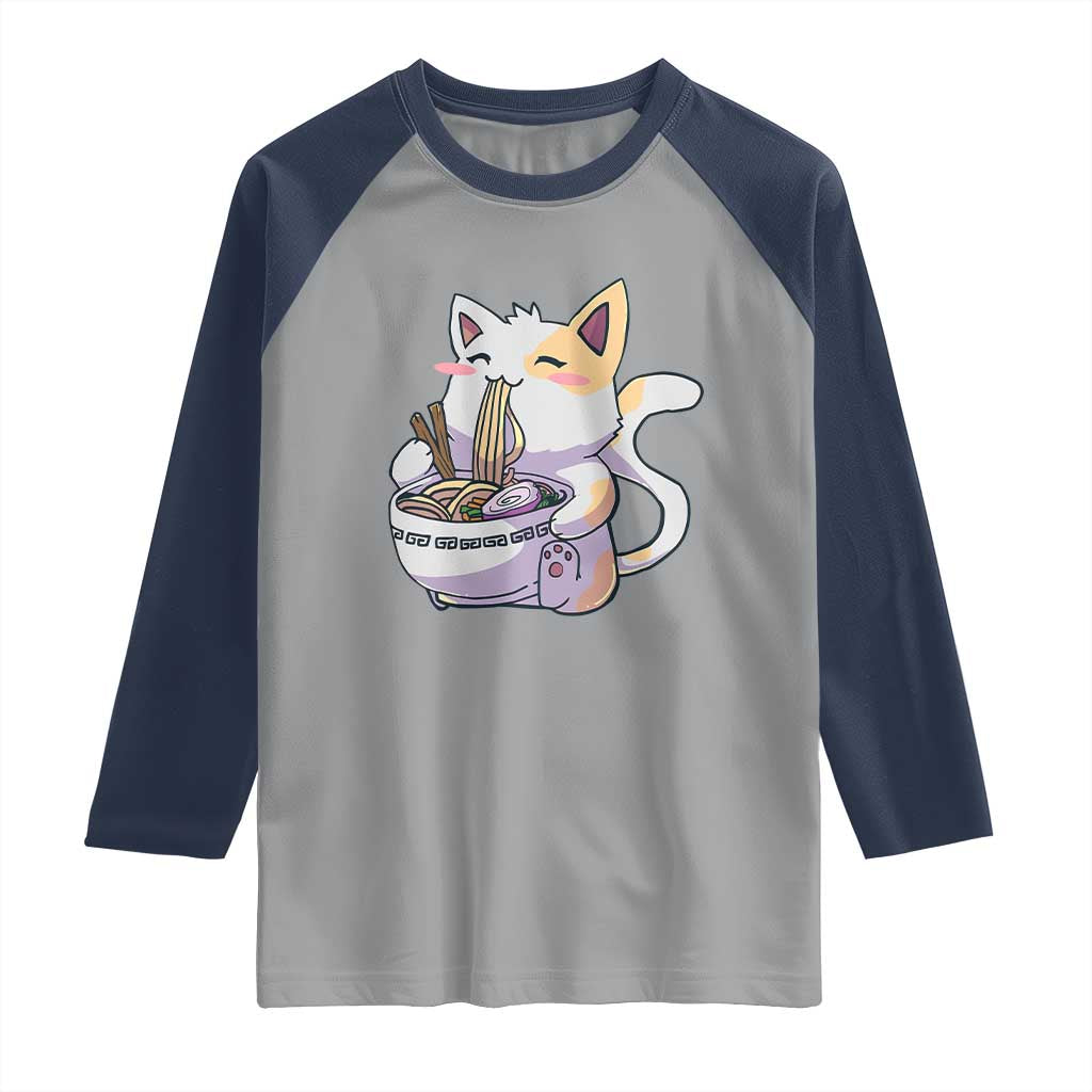 Ramen Cat Kawaii Raglan Shirt Anime Japanese Neko Cute Graphic TS02 Sport Gray Navy Print Your Wear