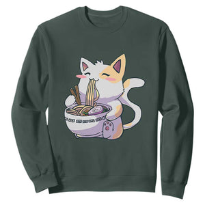 Ramen Cat Kawaii Sweatshirt Anime Japanese Neko Cute Graphic TS02 Dark Forest Green Print Your Wear