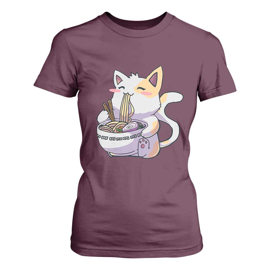 Ramen Cat Kawaii T Shirt For Women Anime Japanese Neko Cute Graphic TS02 Maroon Print Your Wear