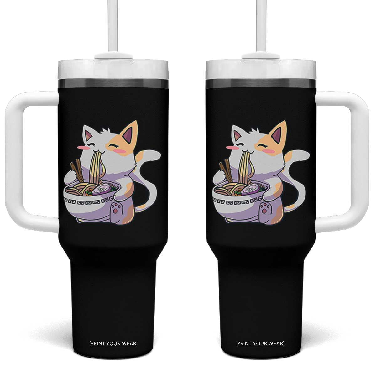 Ramen Cat Kawaii Tumbler With Handle Anime Japanese Neko Cute Graphic TS02 One Size: 40 oz Black Print Your Wear