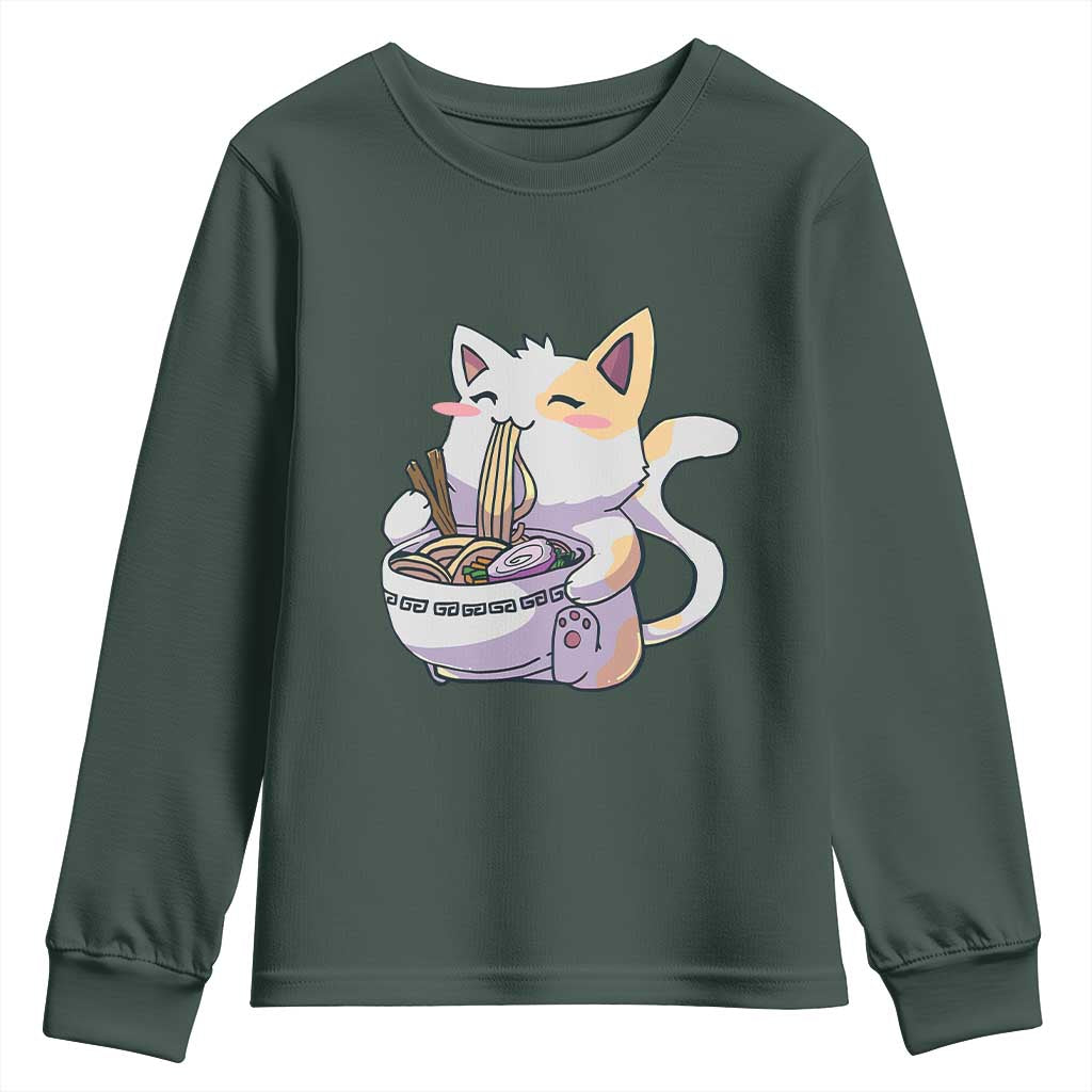 Ramen Cat Kawaii Youth Sweatshirt Anime Japanese Neko Cute Graphic TS02 Dark Forest Green Print Your Wear