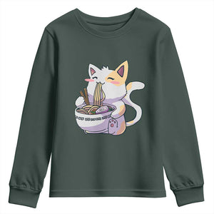 Ramen Cat Kawaii Youth Sweatshirt Anime Japanese Neko Cute Graphic TS02 Dark Forest Green Print Your Wear