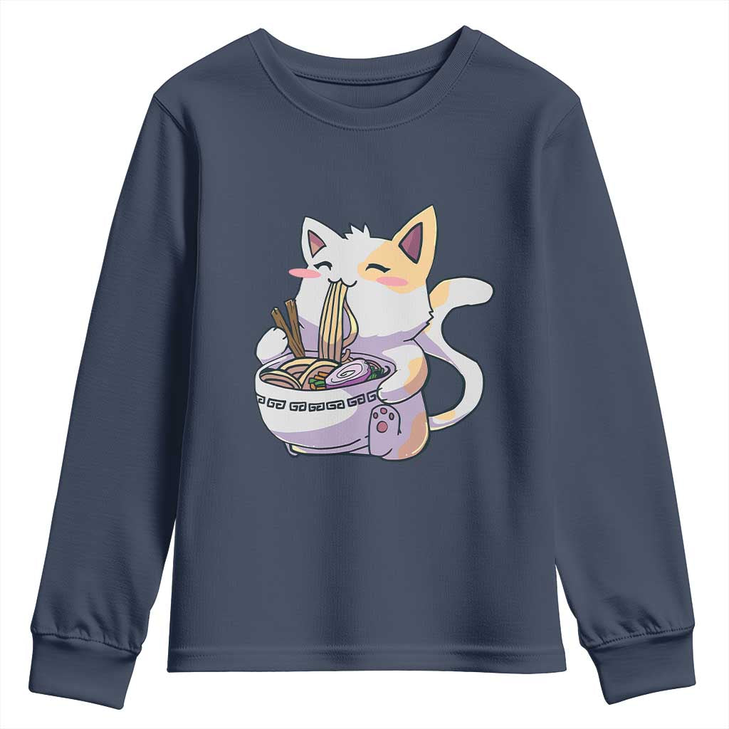 Ramen Cat Kawaii Youth Sweatshirt Anime Japanese Neko Cute Graphic TS02 Navy Print Your Wear