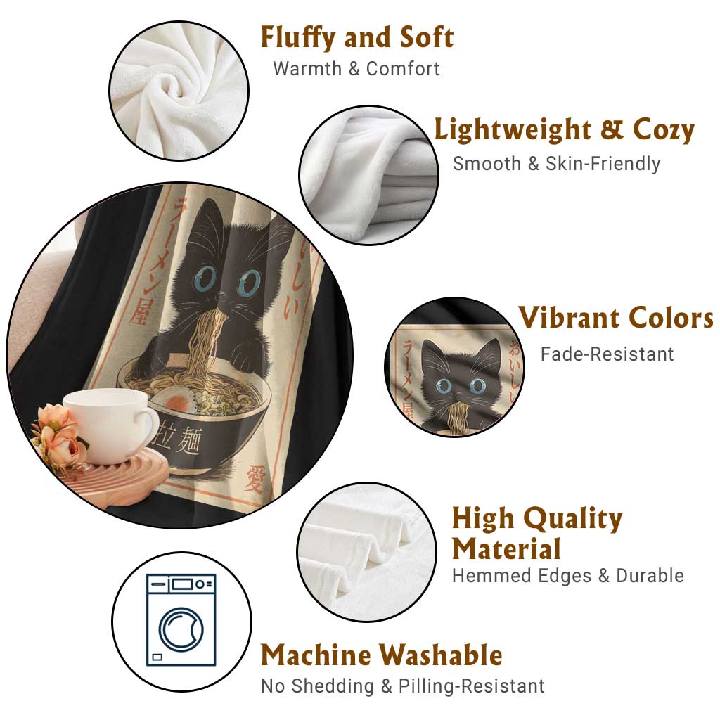 Vintage Kawaii Cat Ramen Graphic Throw Blanket Retro Japanese Anime Inspo TS02 Print Your Wear