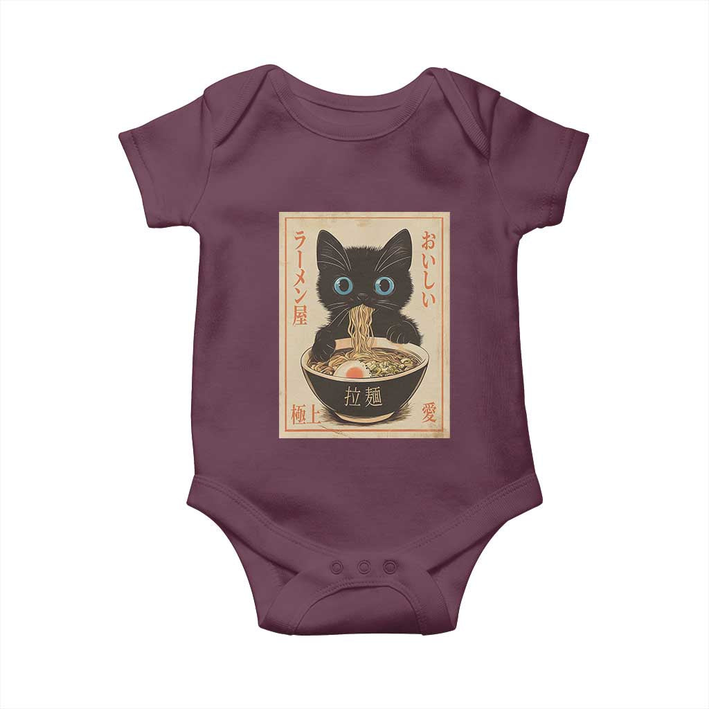 Vintage Kawaii Cat Ramen Graphic Baby Onesie Retro Japanese Anime Inspo TS02 Maroon Print Your Wear