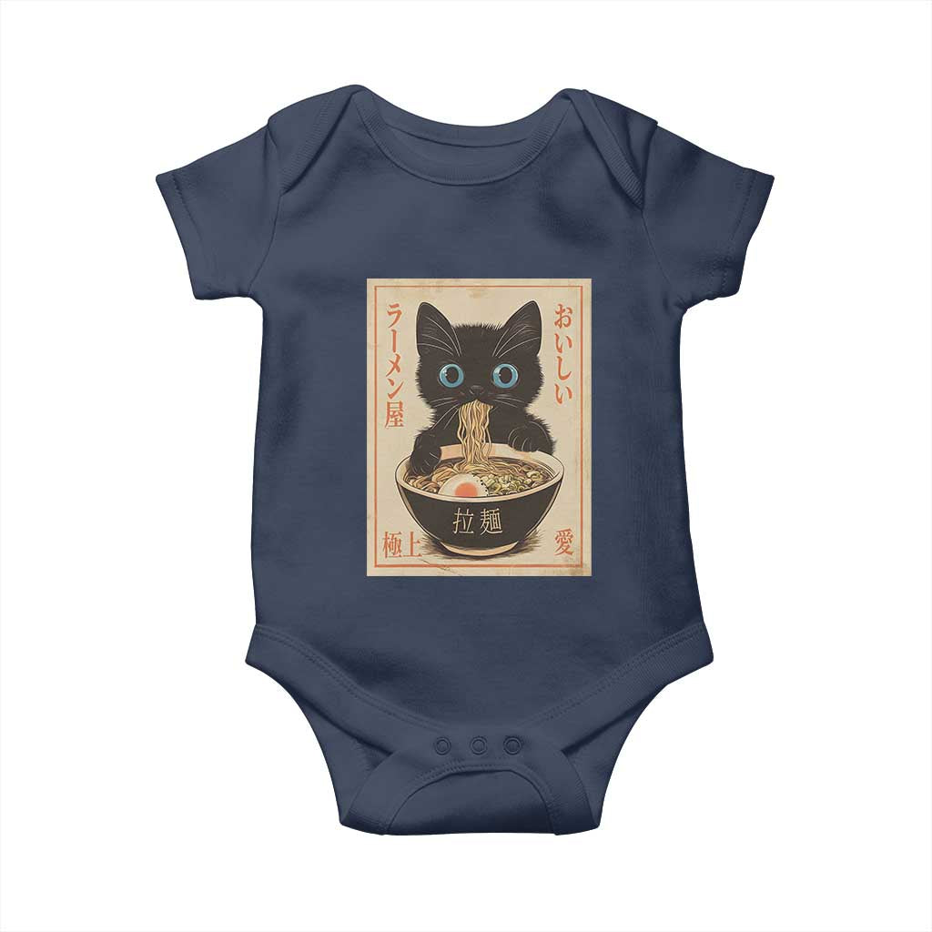 Vintage Kawaii Cat Ramen Graphic Baby Onesie Retro Japanese Anime Inspo TS02 Navy Print Your Wear