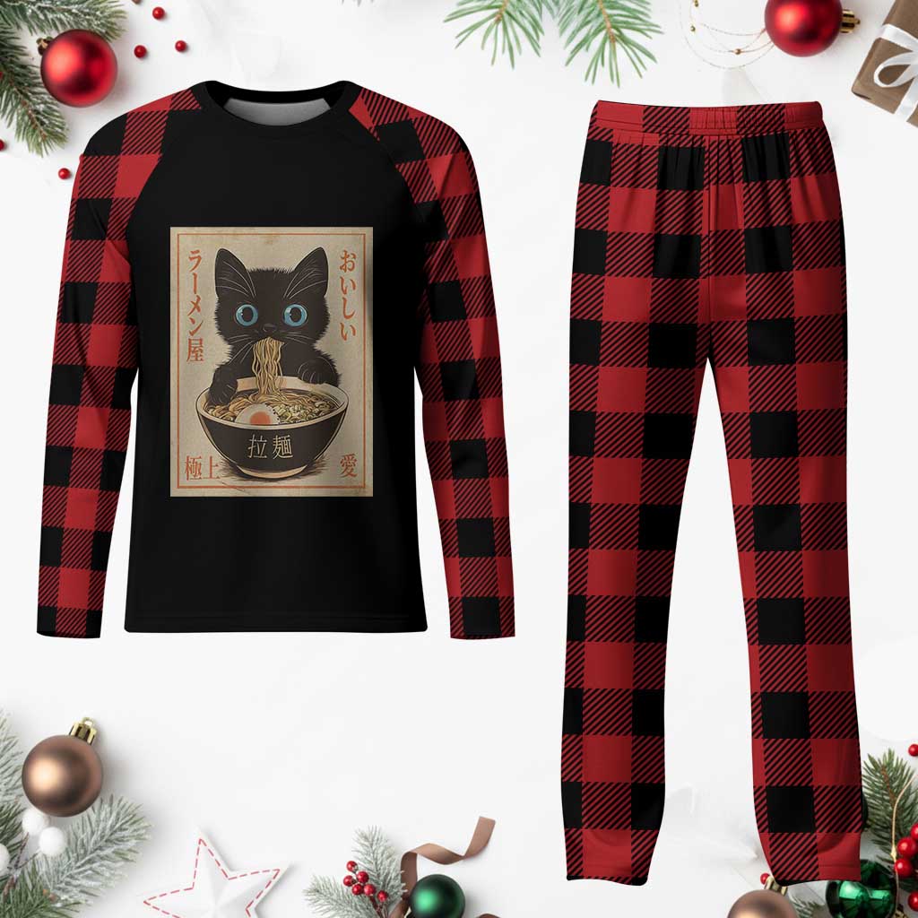 Vintage Kawaii Cat Ramen Graphic Plaid Pajama Set Retro Japanese Anime Inspo TS02 Buffalo Plaid Print Your Wear