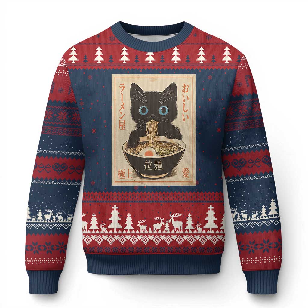 Vintage Kawaii Cat Ramen Graphic Ugly Christmas Sweater Retro Japanese Anime Inspo TS02 Navy Red Print Your Wear