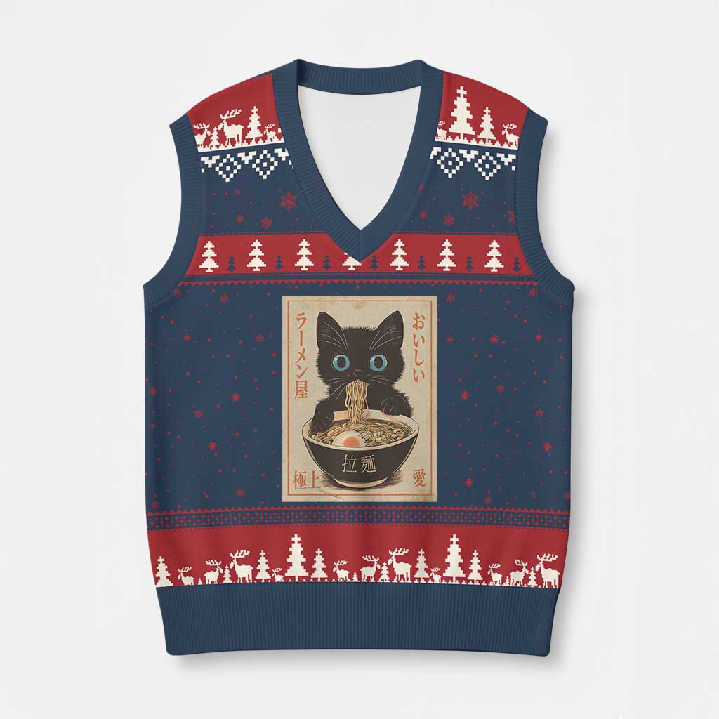 Vintage Kawaii Cat Ramen Graphic V-Neck Knit Sweater Vest Retro Japanese Anime Inspo TS02 Navy Red Print Your Wear