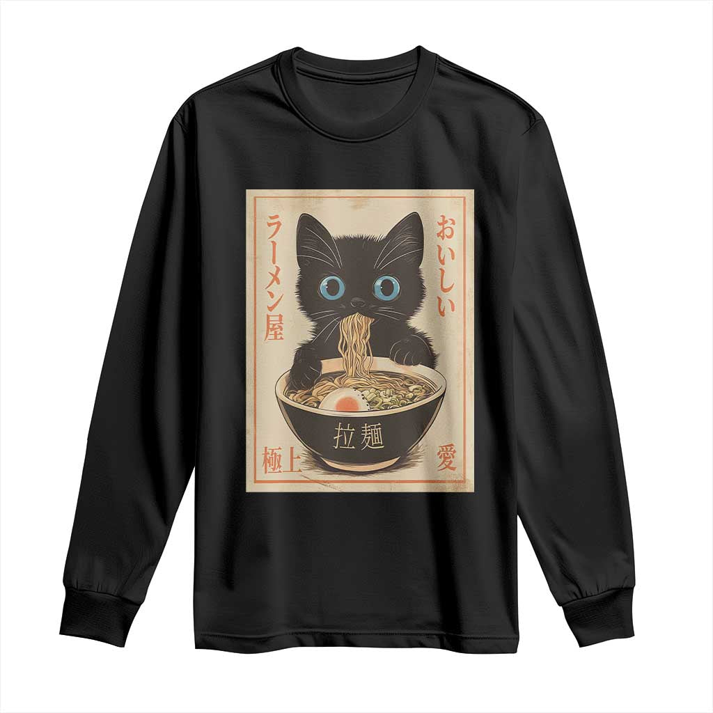 Vintage Kawaii Cat Ramen Graphic Long Sleeve Shirt Retro Japanese Anime Inspo TS02 Black Print Your Wear