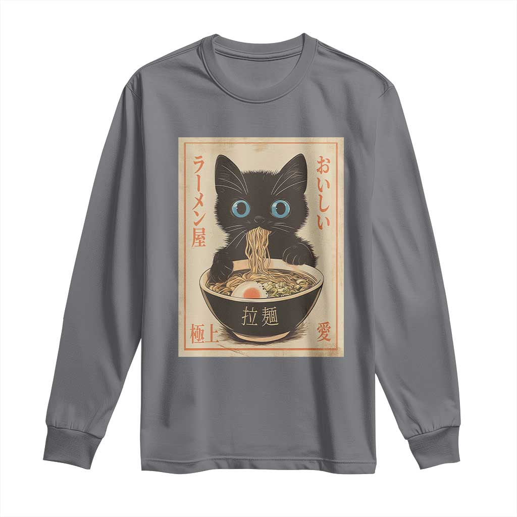 Vintage Kawaii Cat Ramen Graphic Long Sleeve Shirt Retro Japanese Anime Inspo TS02 Charcoal Print Your Wear