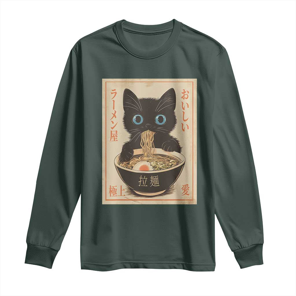 Vintage Kawaii Cat Ramen Graphic Long Sleeve Shirt Retro Japanese Anime Inspo TS02 Dark Forest Green Print Your Wear