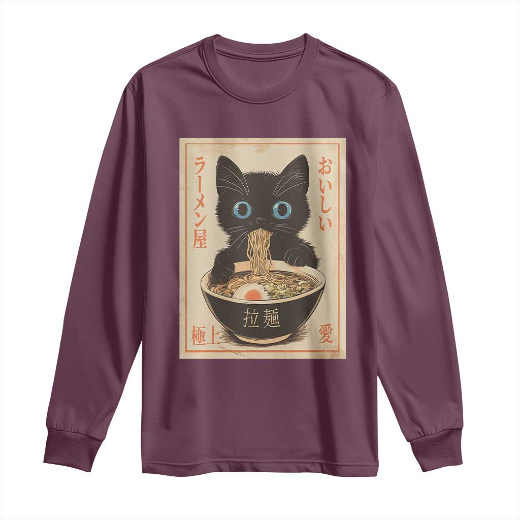 Vintage Kawaii Cat Ramen Graphic Long Sleeve Shirt Retro Japanese Anime Inspo TS02 Maroon Print Your Wear