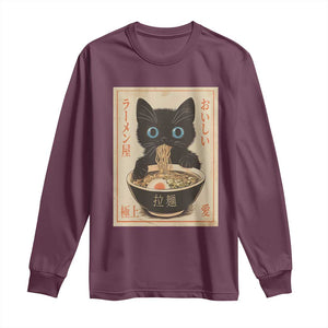 Vintage Kawaii Cat Ramen Graphic Long Sleeve Shirt Retro Japanese Anime Inspo TS02 Maroon Print Your Wear