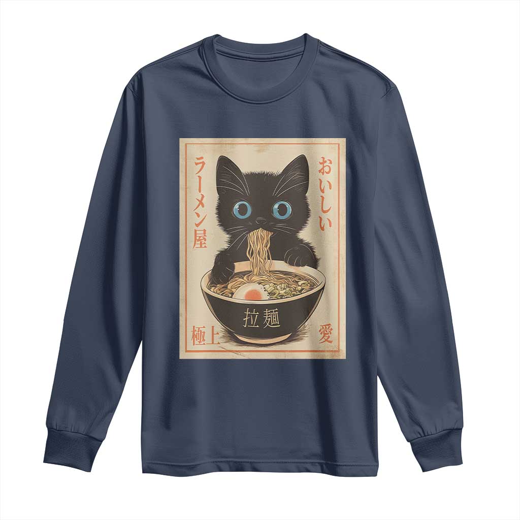 Vintage Kawaii Cat Ramen Graphic Long Sleeve Shirt Retro Japanese Anime Inspo TS02 Navy Print Your Wear