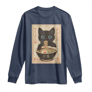 Vintage Kawaii Cat Ramen Graphic Long Sleeve Shirt Retro Japanese Anime Inspo TS02 Navy Print Your Wear
