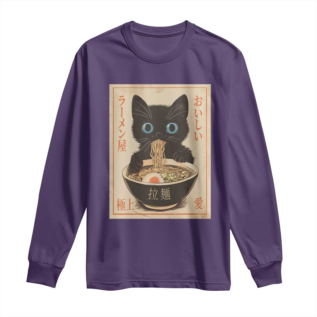 Vintage Kawaii Cat Ramen Graphic Long Sleeve Shirt Retro Japanese Anime Inspo TS02 Purple Print Your Wear