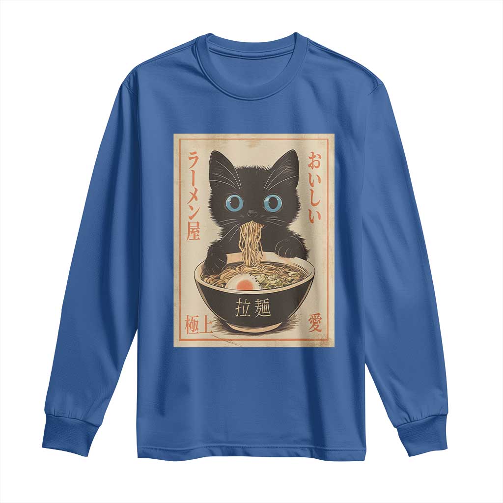 Vintage Kawaii Cat Ramen Graphic Long Sleeve Shirt Retro Japanese Anime Inspo TS02 Royal Blue Print Your Wear