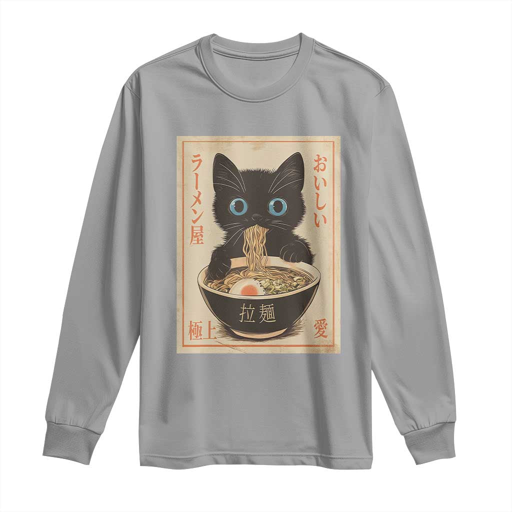 Vintage Kawaii Cat Ramen Graphic Long Sleeve Shirt Retro Japanese Anime Inspo TS02 Sport Gray Print Your Wear