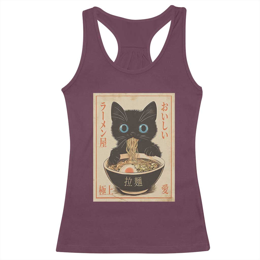Vintage Kawaii Cat Ramen Graphic Racerback Tank Top Retro Japanese Anime Inspo TS02 Maroon Print Your Wear