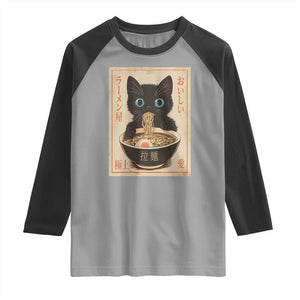 Vintage Kawaii Cat Ramen Graphic Raglan Shirt Retro Japanese Anime Inspo TS02 Sport Gray Black Print Your Wear