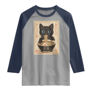 Vintage Kawaii Cat Ramen Graphic Raglan Shirt Retro Japanese Anime Inspo TS02 Sport Gray Navy Print Your Wear