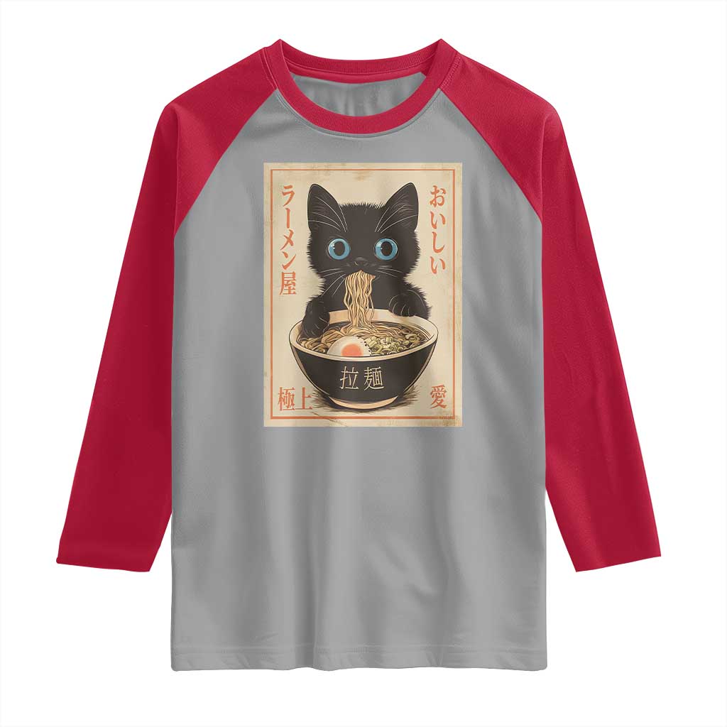 Vintage Kawaii Cat Ramen Graphic Raglan Shirt Retro Japanese Anime Inspo TS02 Sport Gray Red Print Your Wear