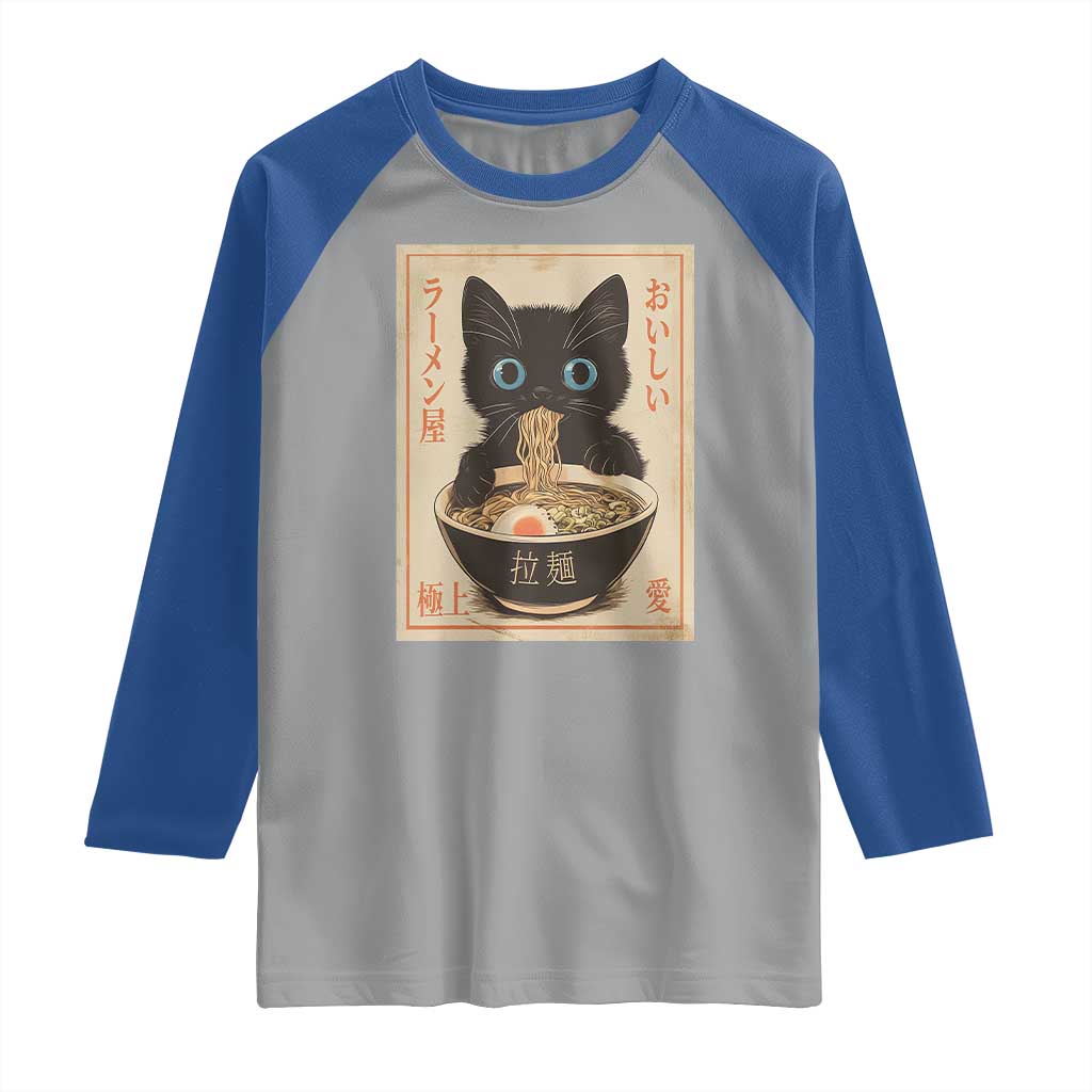 Vintage Kawaii Cat Ramen Graphic Raglan Shirt Retro Japanese Anime Inspo TS02 Sport Gray Royal Print Your Wear
