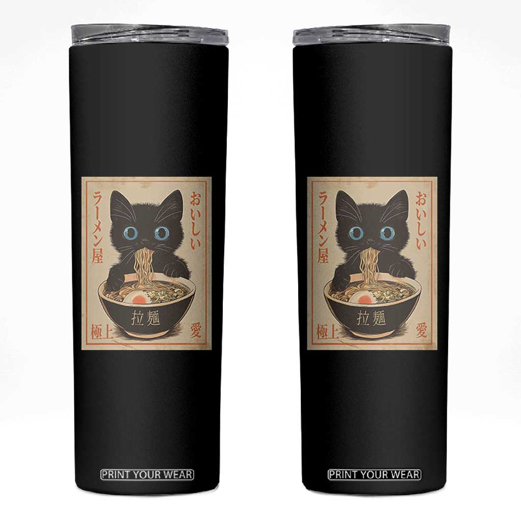 Vintage Kawaii Cat Ramen Graphic Skinny Tumbler Retro Japanese Anime Inspo TS02 Black Print Your Wear